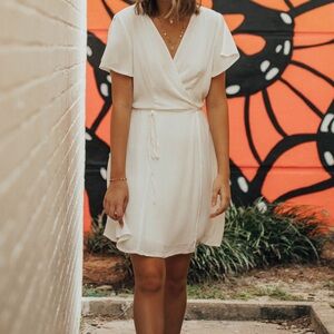 lulus medium white flowy wrap dress with tie split ruffle sleeve mini dress